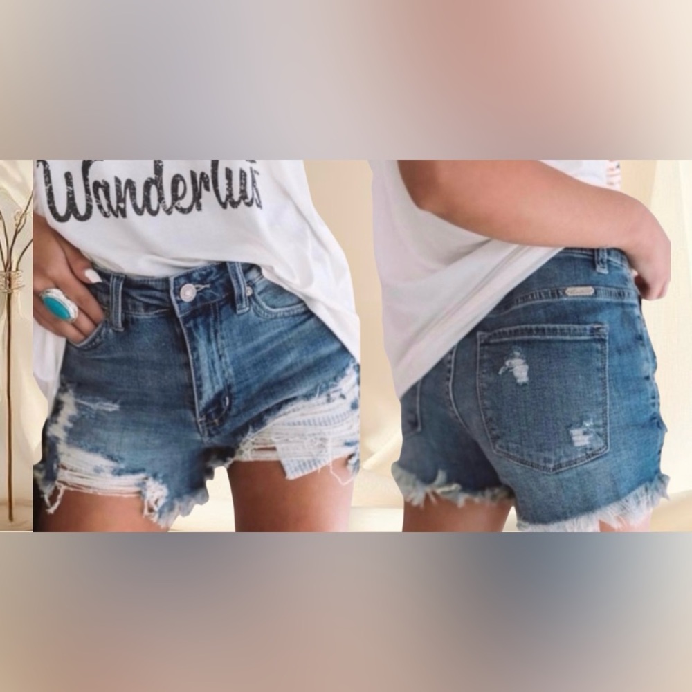 KanCan Dark Wash Distressed Denim Cut Off Jean Shorts - Picture 6 of 7